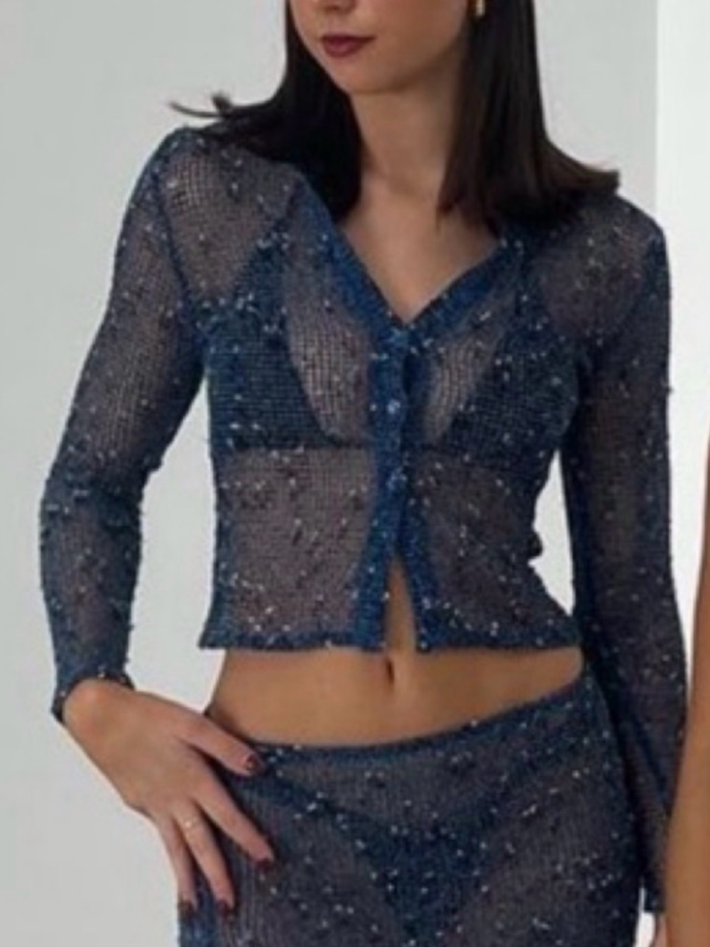 With Jean Navy Sheer Beaded Crop Cardigan & Skirt 2 Pc Set